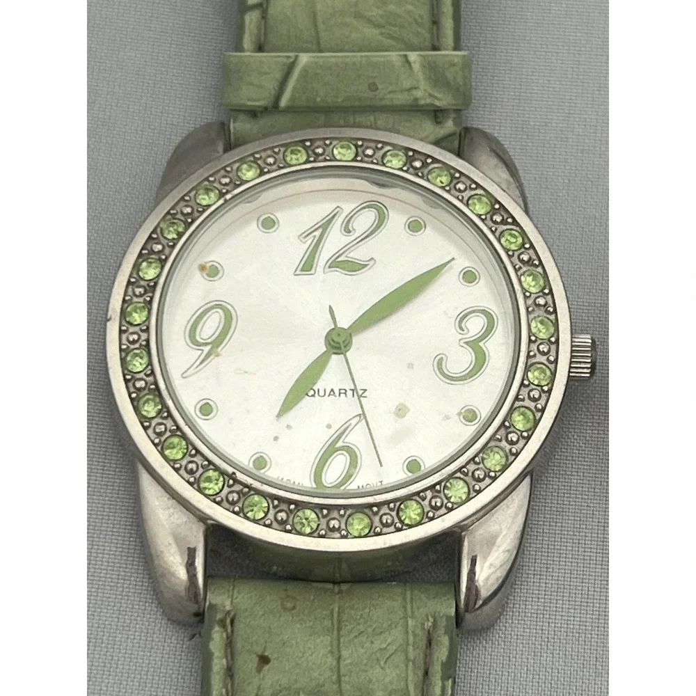 Pair of Women's Fashion Wristwatches‎ Green & Blue Bands Rhinestone Bezel